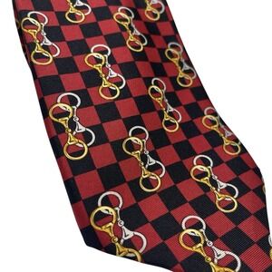 Vintage Paolo Gucci Silk Tie Red Black Checkered Chain Horsebits Italian EUC